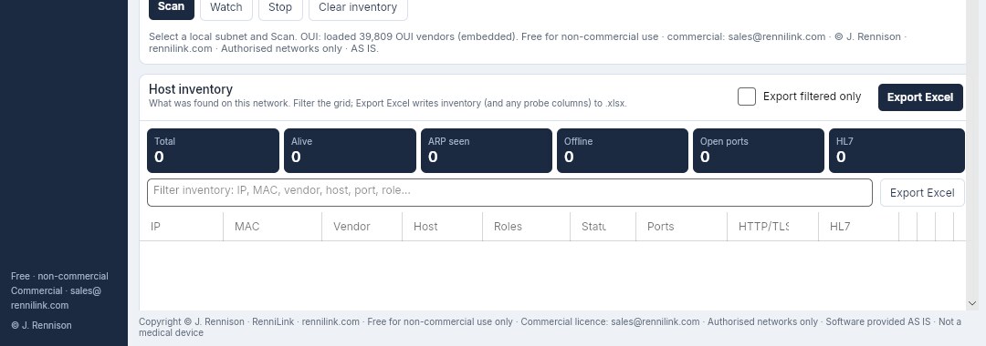 RenniLink Lan Scope — host inventory metrics and Excel export
