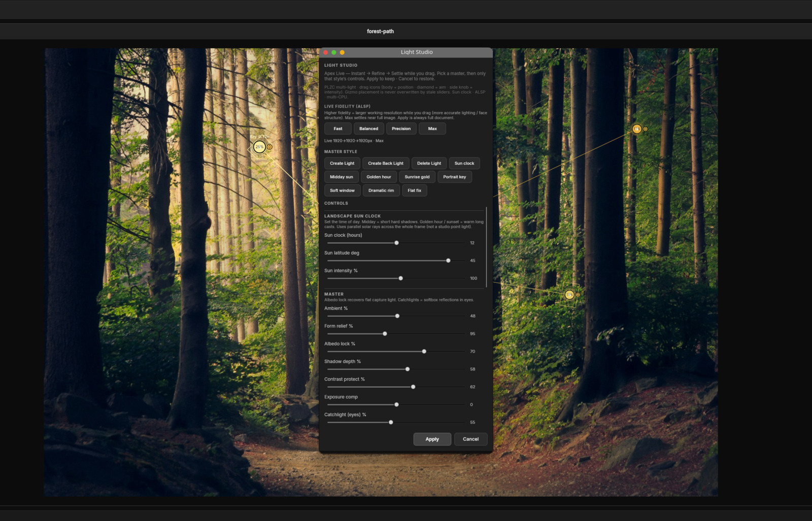 Light Studio open over a forest photo with on-canvas light gizmos
